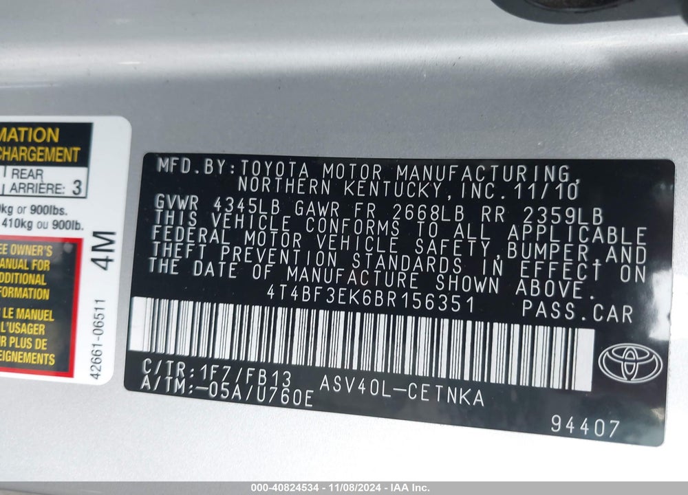 2011 TOYOTA CAMRY VIN: 4T4BF3EK6BR156351