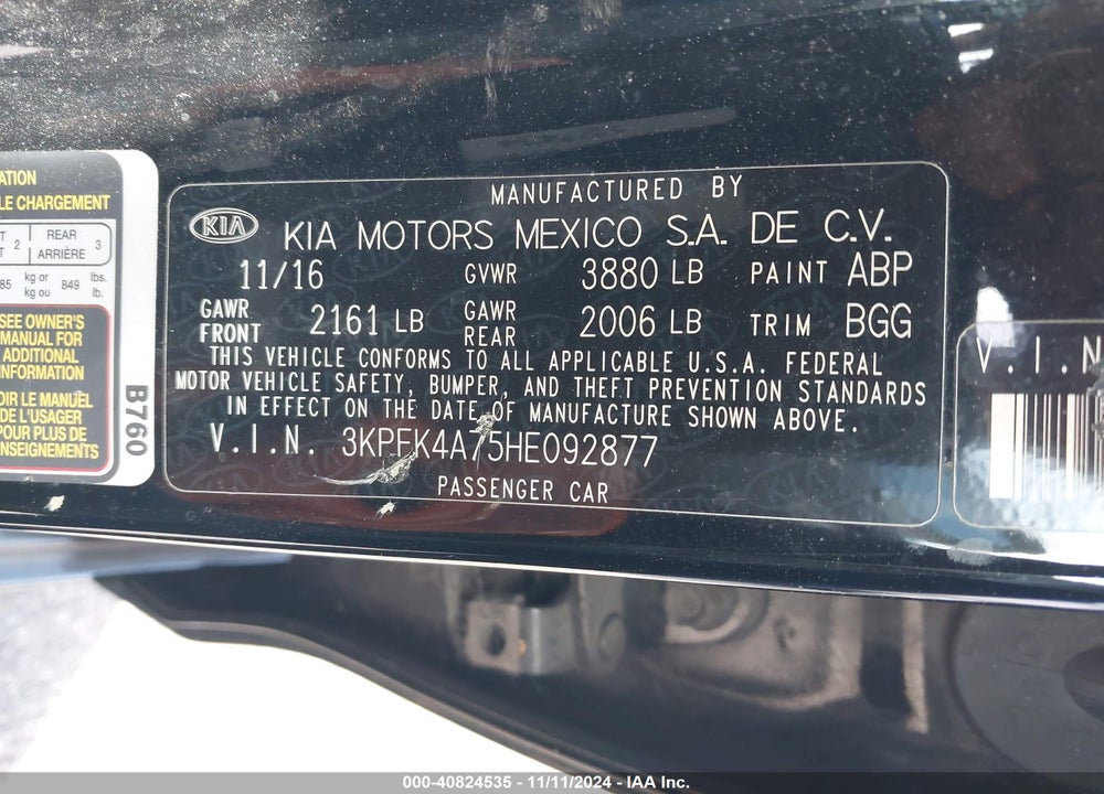 2017 KIA FORTE LX VIN: 3KPFK4A75HE092877