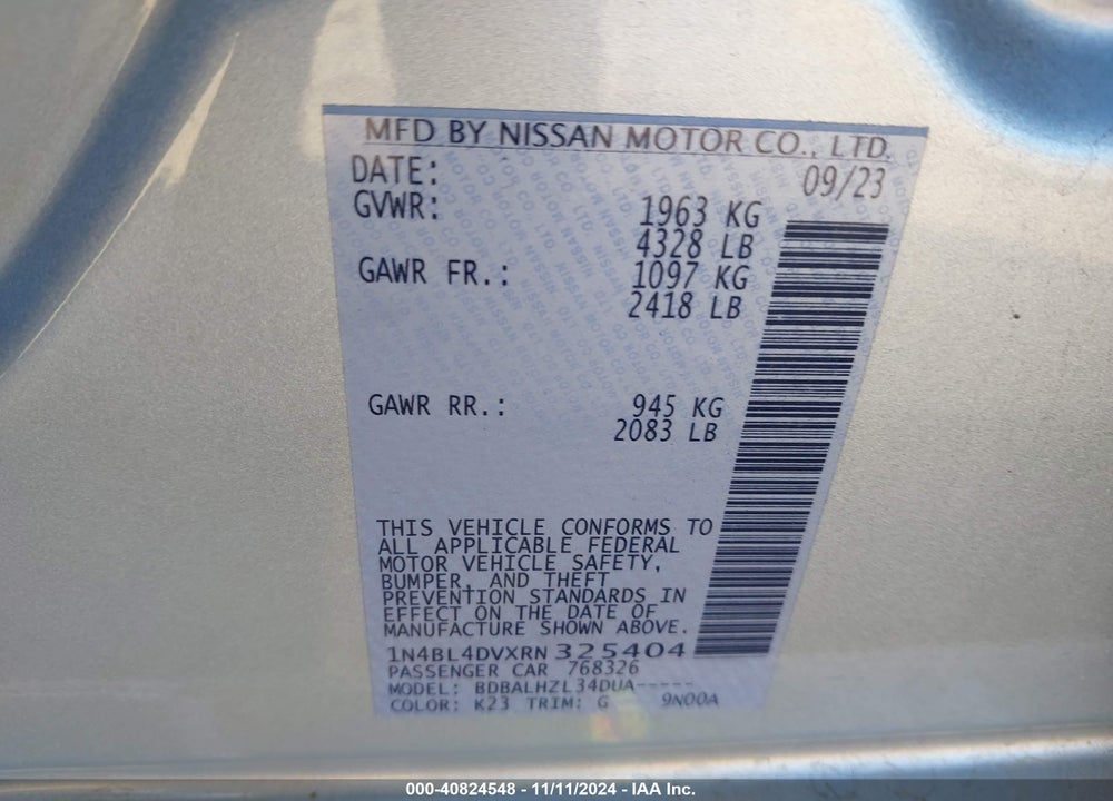 2024 NISSAN ALTIMA SV FWD VIN: 1N4BL4DVXRN325404