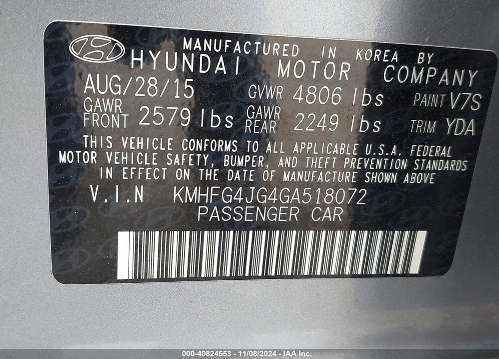 2016 HYUNDAI AZERA VIN: KMHFG4JG4GA518072