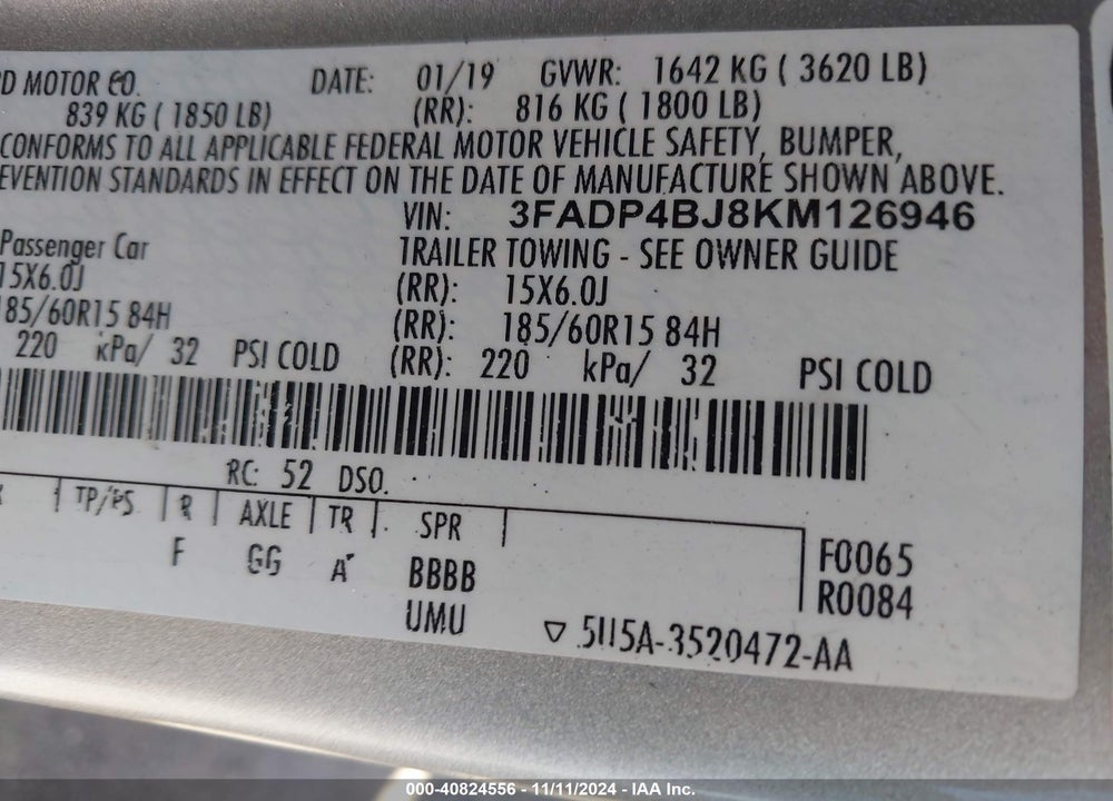2019 FORD FIESTA SE VIN: 3FADP4BJ8KM126946