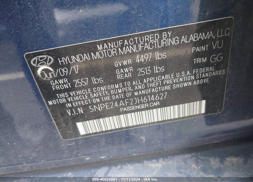 2018 HYUNDAI SONATA SE VIN: 5NPE24AF2JH614627
