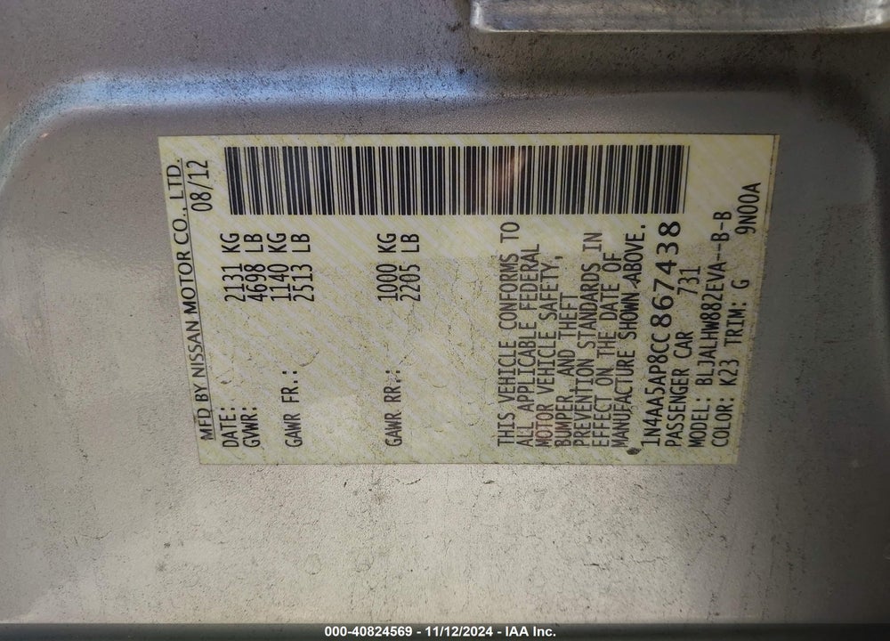 2012 NISSAN MAXIMA 3.5 SV VIN: 1N4AA5AP8CC867438