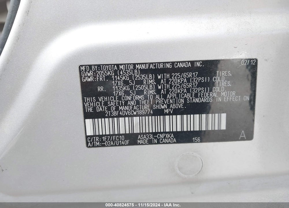2012 TOYOTA RAV4 VIN: 2T3BF4DV6CW189774