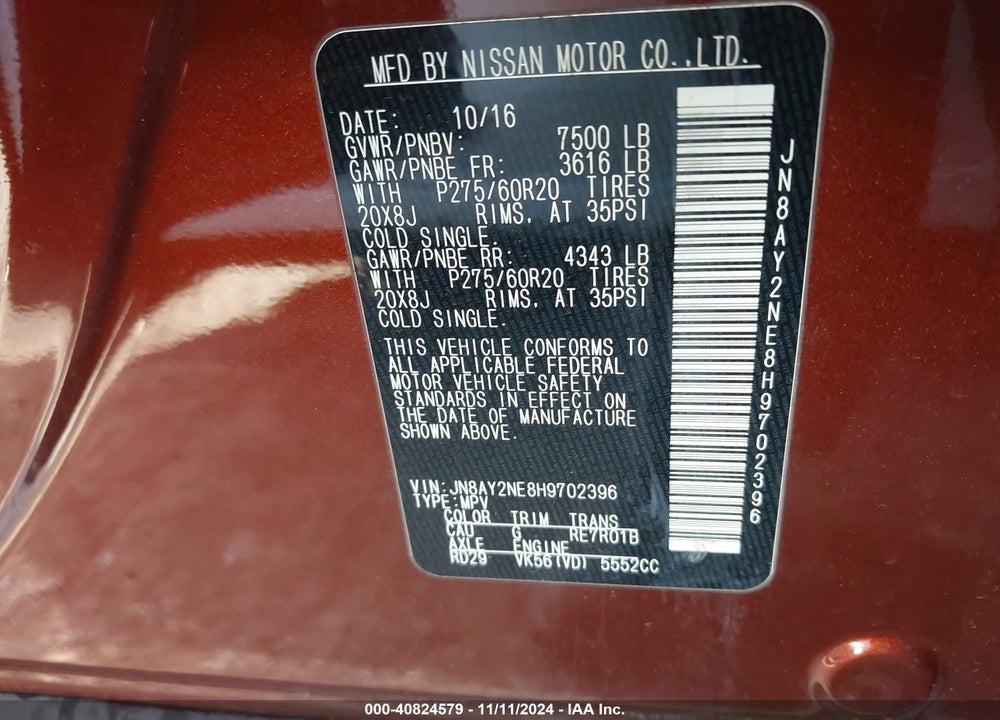 2017 NISSAN ARMADA VIN: JN8AY2NE8H9702396