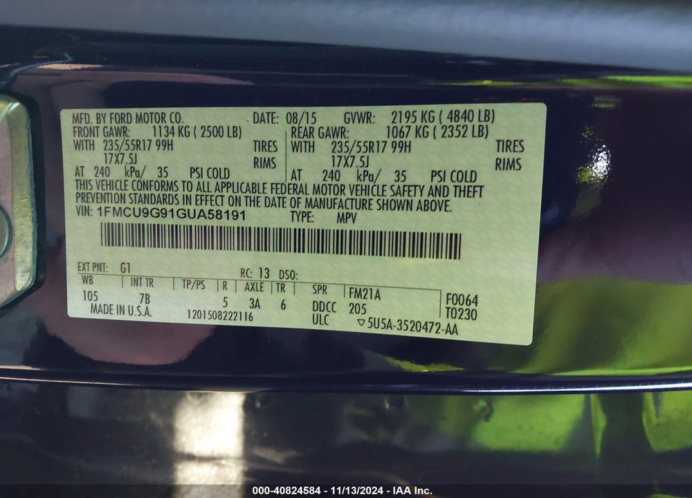2016 FORD ESCAPE SE VIN: 1FMCU9G91GUA58191