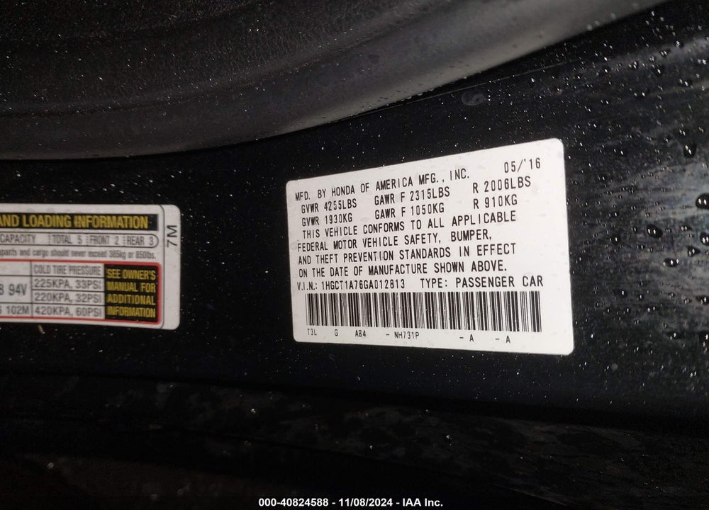 2016 HONDA ACCORD EX VIN: 1HGCT1A76GA012813