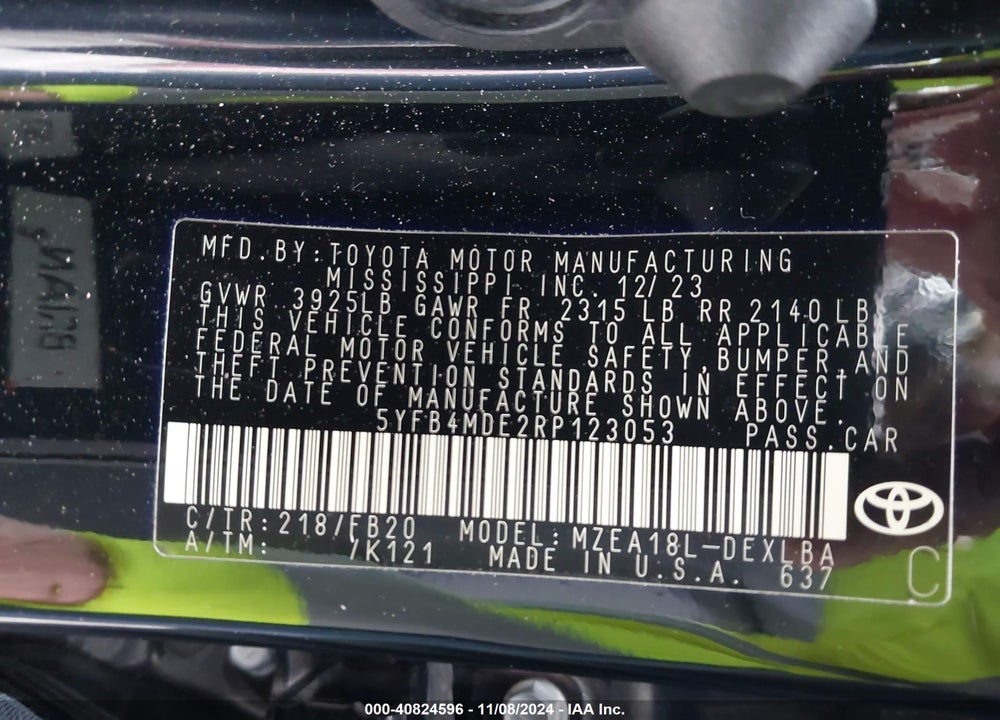 2024 TOYOTA COROLLA VIN: 5YFB4MDE2RP123053