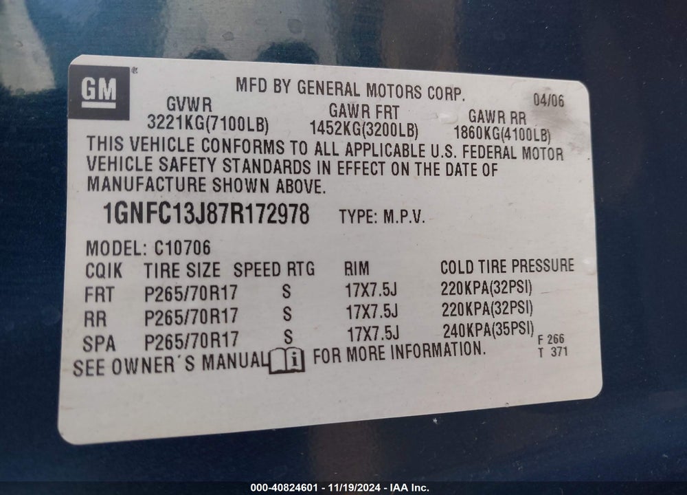2007 CHEVROLET TAHOE LT VIN: 1GNFC13J87R172978