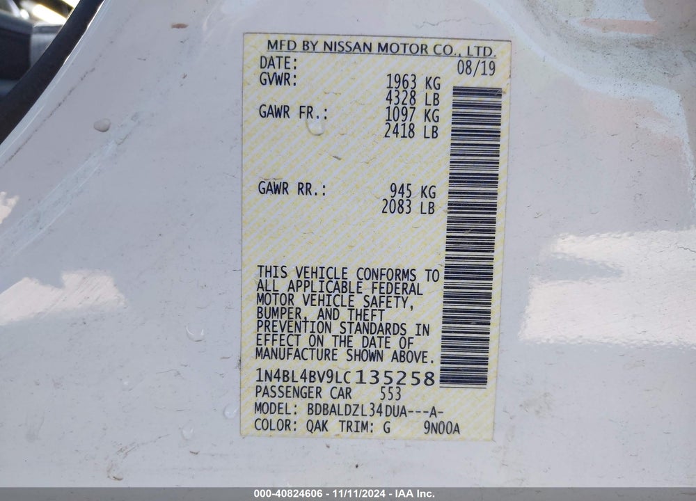 2020 NISSAN ALTIMA S FWD VIN: 1N4BL4BV9LC135258