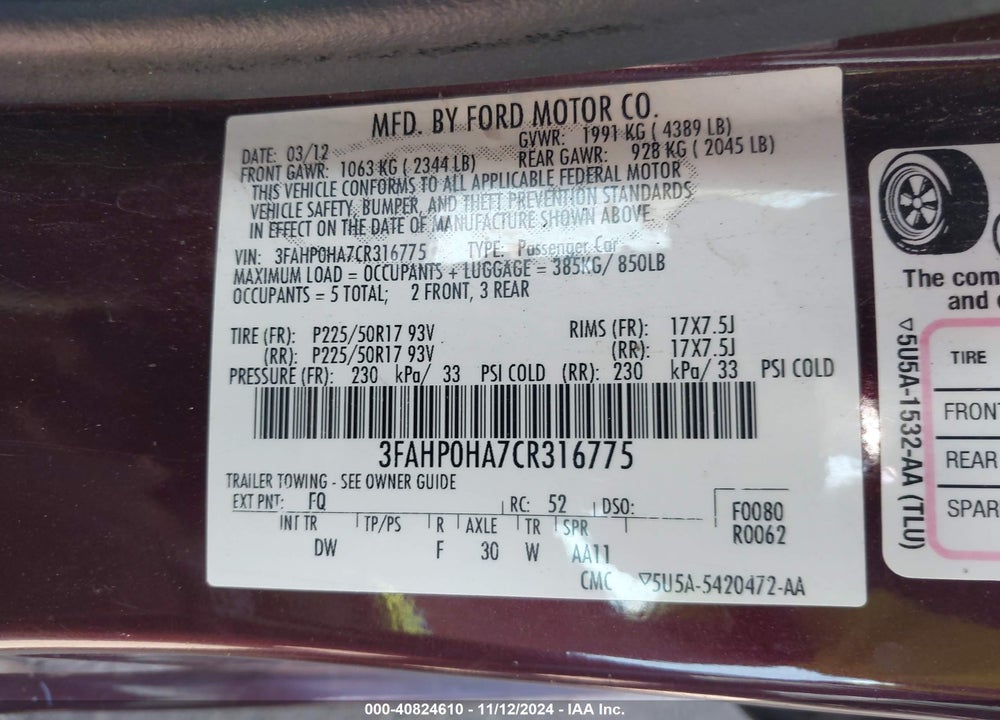 2012 FORD FUSION SE VIN: 3FAHP0HA7CR316775