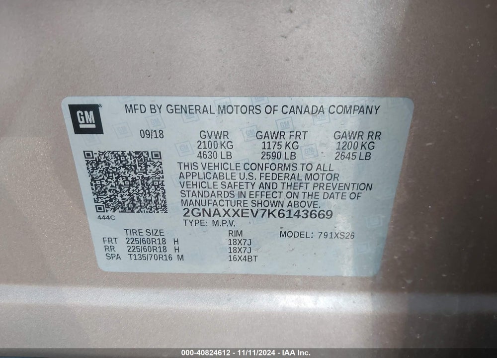 2019 CHEVROLET EQUINOX PREMIER VIN: 2GNAXXEV7K6143669