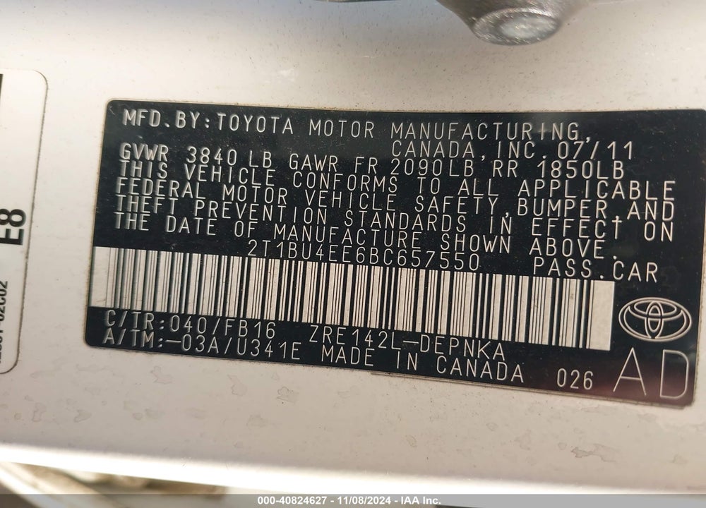 2011 TOYOTA COROLLA LE VIN: 2T1BU4EE6BC657550