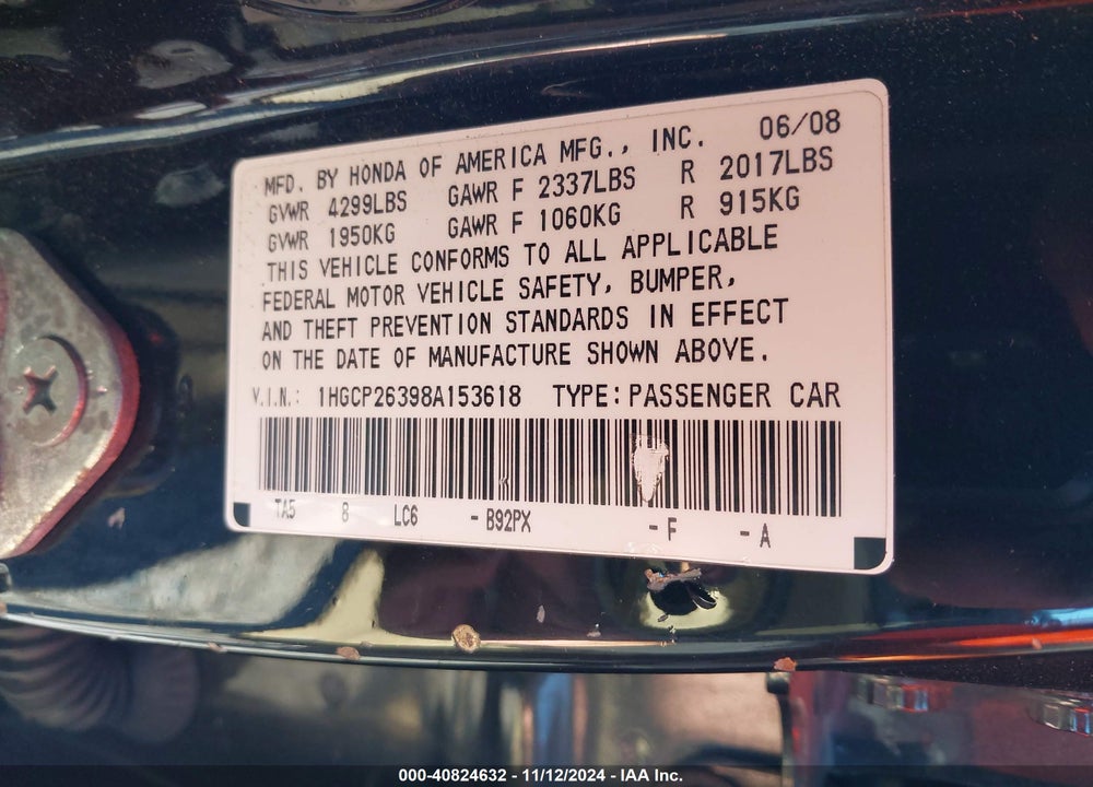 2008 HONDA ACCORD 2.4 LX VIN: 1HGCP26398A153618