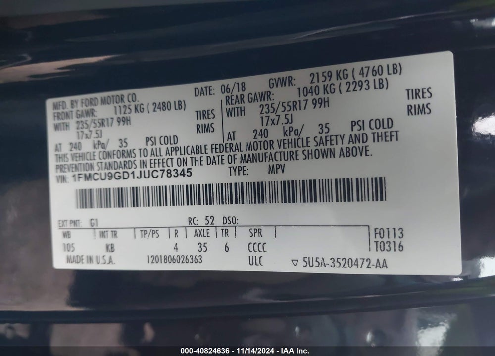 2018 FORD ESCAPE VIN: 1FMCU9GD1JUC78345