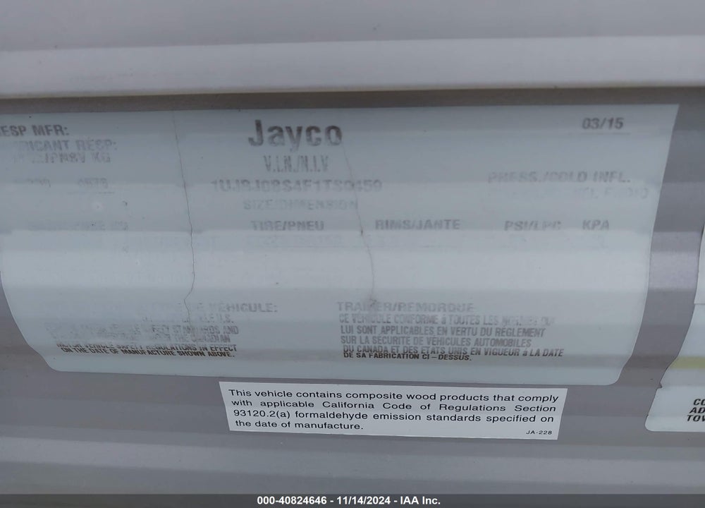 2015 JAYCO OTHER VIN: 1UJBJ0BS4F1TS0459