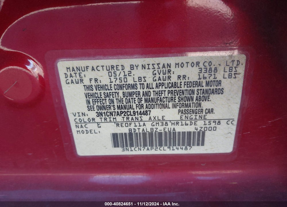2012 NISSAN VERSA 1.6 SV VIN: 3N1CN7AP2CL914487