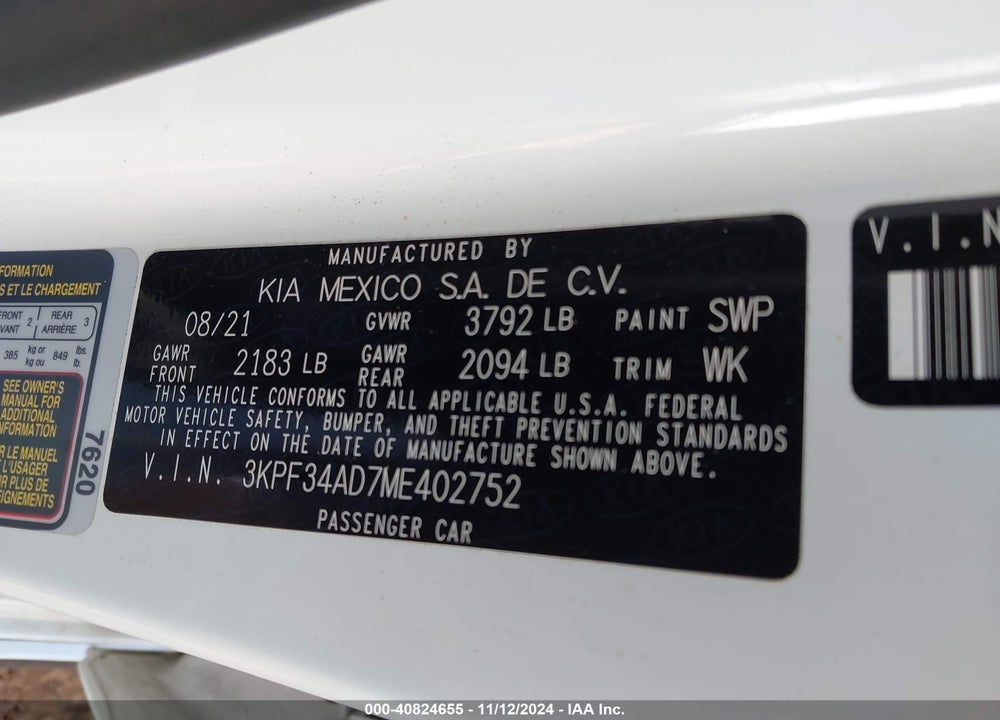 2021 KIA FORTE GT LINE VIN: 3KPF34AD7ME402752