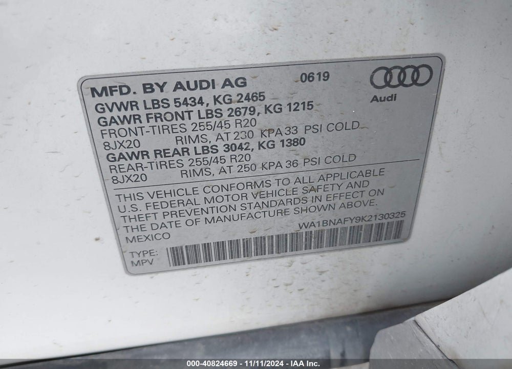 2019 AUDI Q5 45 PREMIUM VIN: WA1BNAFY9K2130325