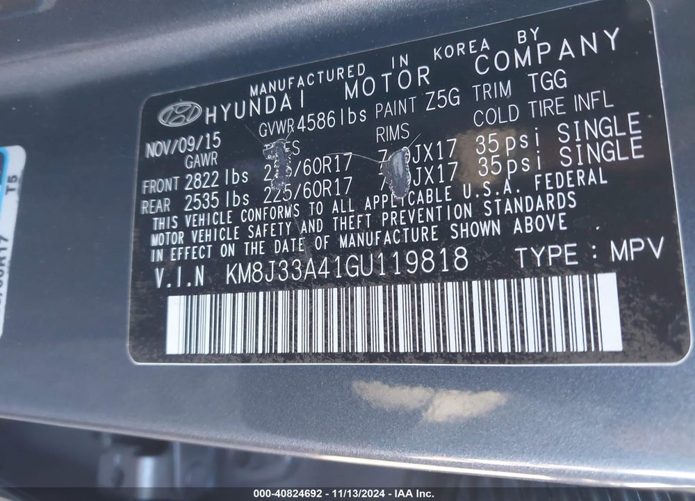 2016 HYUNDAI TUCSON SE VIN: KM8J33A41GU119818