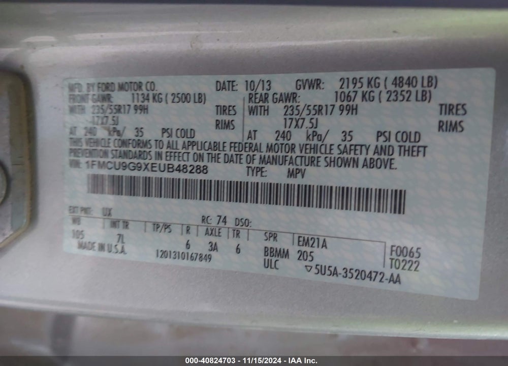 2014 FORD ESCAPE SE VIN: 1FMCU9G9XEUB48288