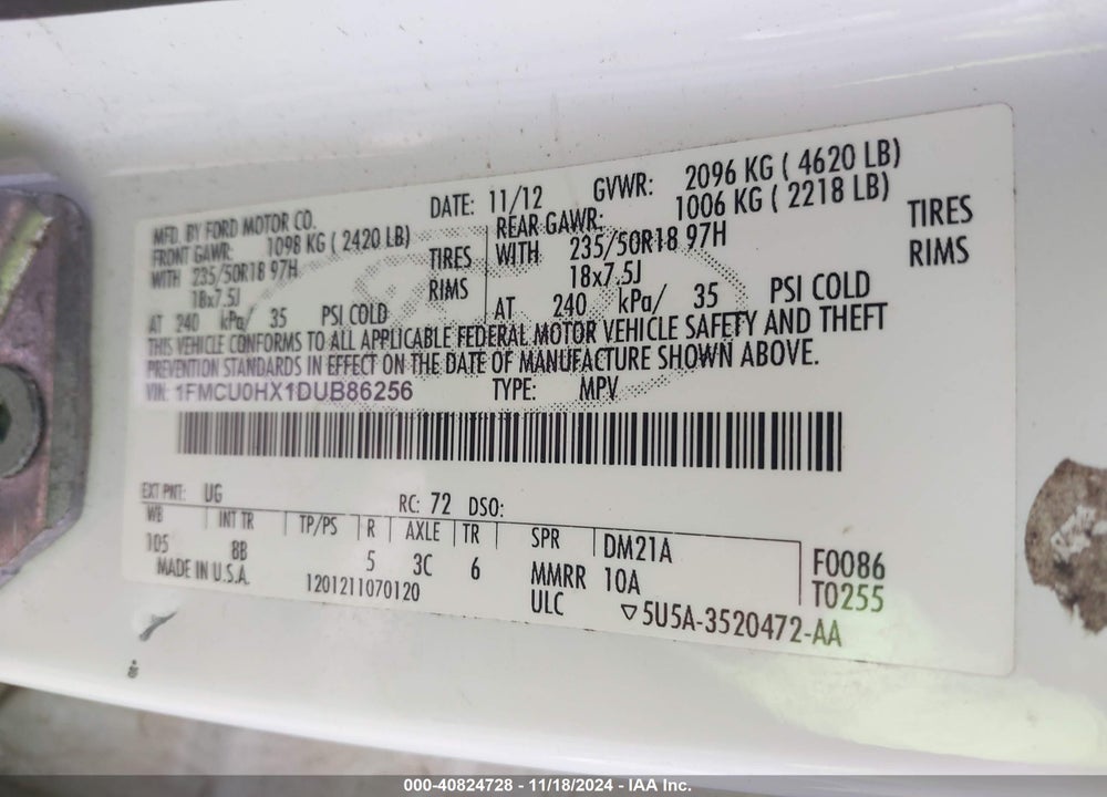 2013 FORD ESCAPE SEL VIN: 1FMCU0HX1DUB86256