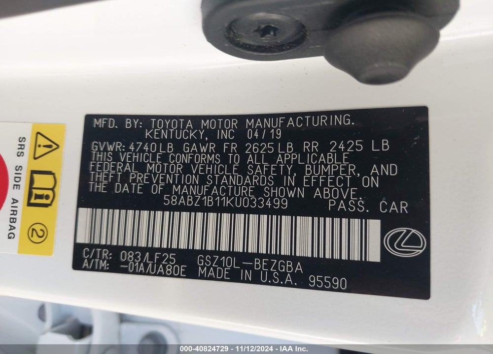 2019 LEXUS ES 350 F-SPORT VIN: 58ABZ1B11KU033499