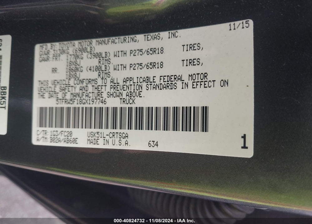 2016 TOYOTA TUNDRA SR5 5.7L V8 VIN: 5TFRW5F18GX197746