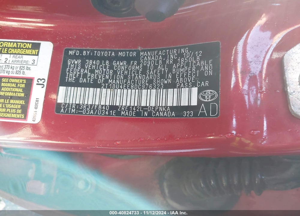 2013 TOYOTA COROLLA LE VIN: 2T1BU4EE8DC976323