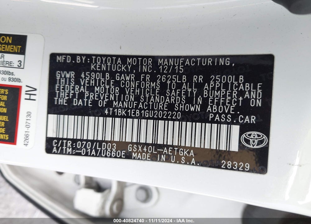 2016 TOYOTA AVALON XLE VIN: 4T1BK1EB1GU202220
