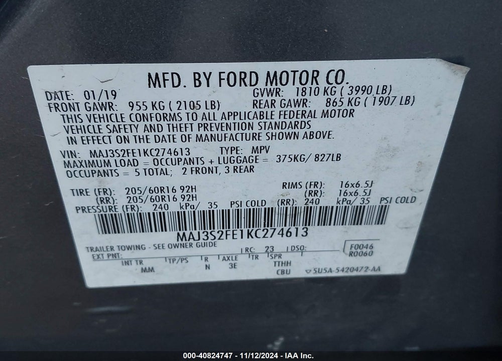2019 FORD ECOSPORT S VIN: MAJ3S2FE1KC274613