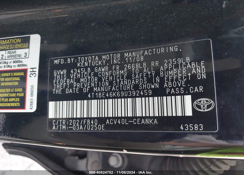 2009 TOYOTA CAMRY LE VIN: 4T1BE46K69U392459