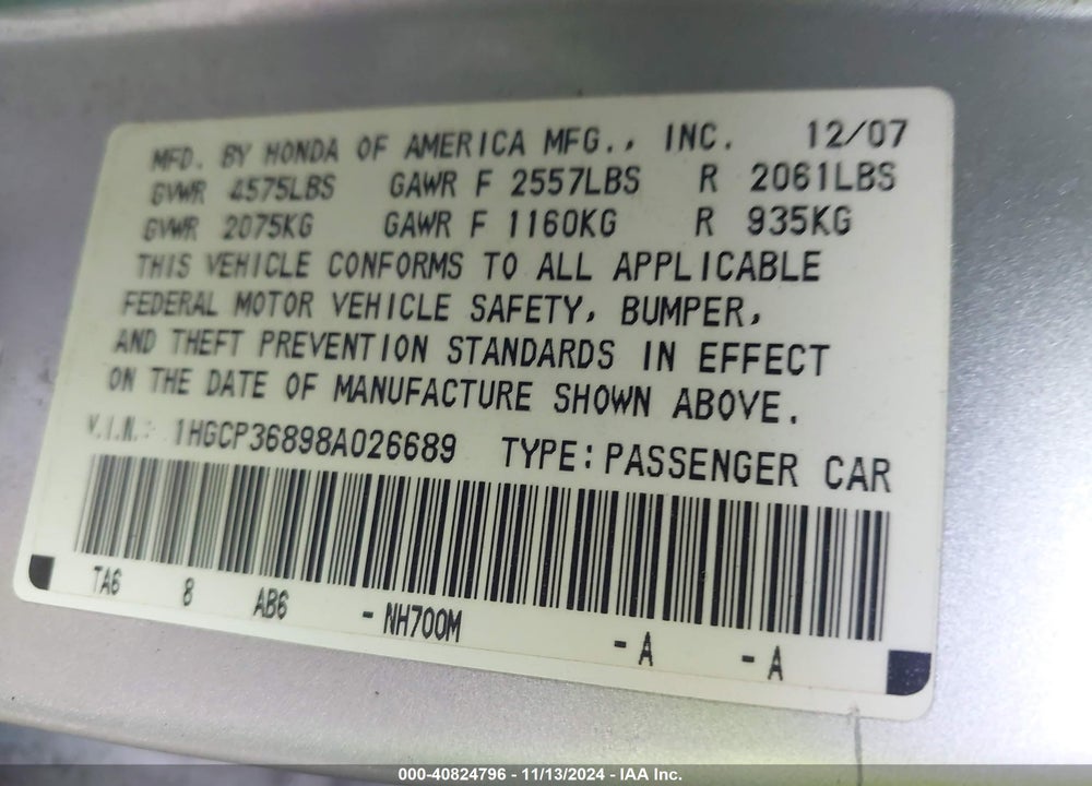 2008 HONDA ACCORD 3.5 EX-L VIN: 1HGCP36898A026689