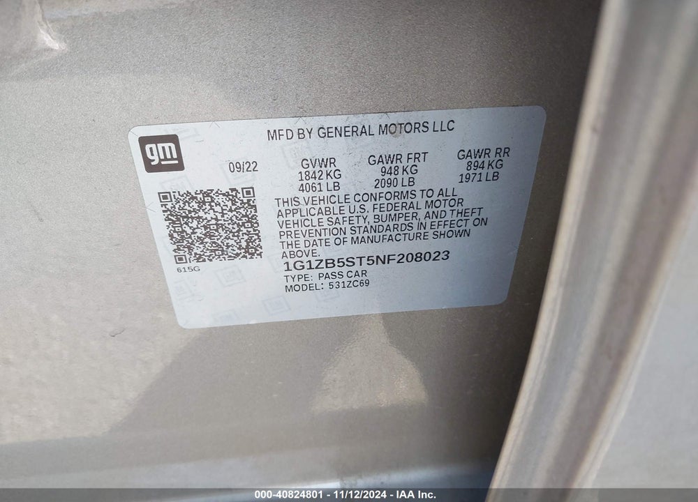 2022 CHEVROLET MALIBU FWD LS VIN: 1G1ZB5ST5NF208023