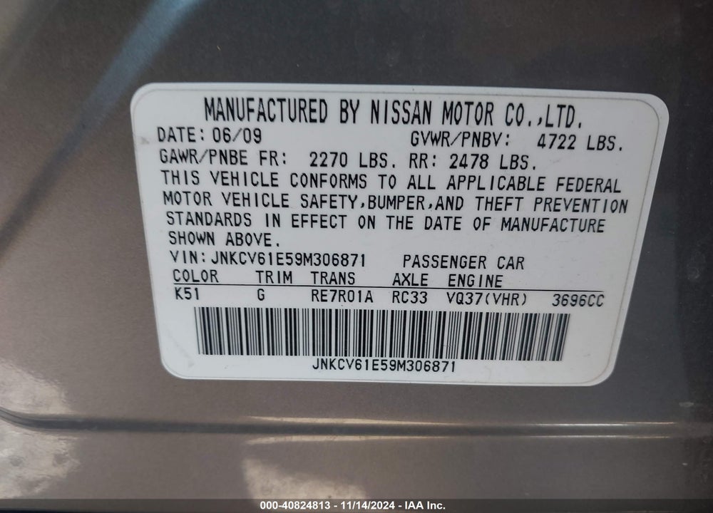 2009 INFINITI G37 JOURNEY VIN: JNKCV61E59M306871
