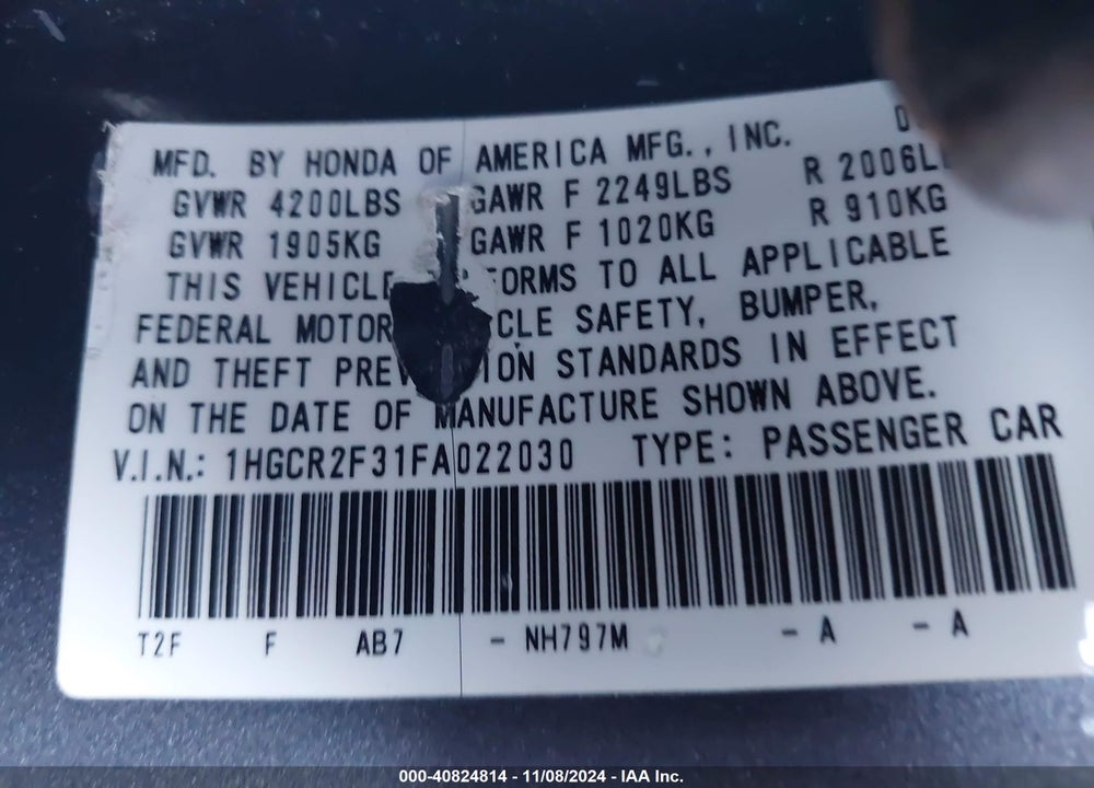 2015 HONDA ACCORD LX VIN: 1HGCR2F31FA022030