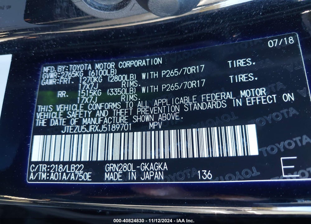 2018 TOYOTA 4RUNNER SR5 PREMIUM VIN: JTEZU5JRXJ5189701