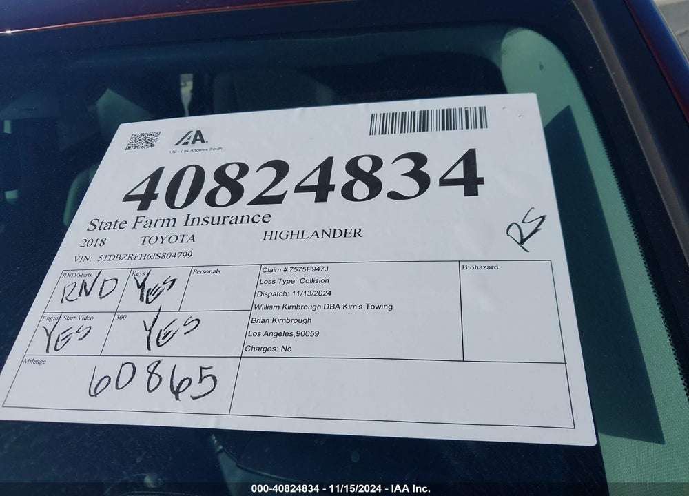 2018 TOYOTA HIGHLANDER LE PLUS VIN: 5TDBZRFH6JS804799