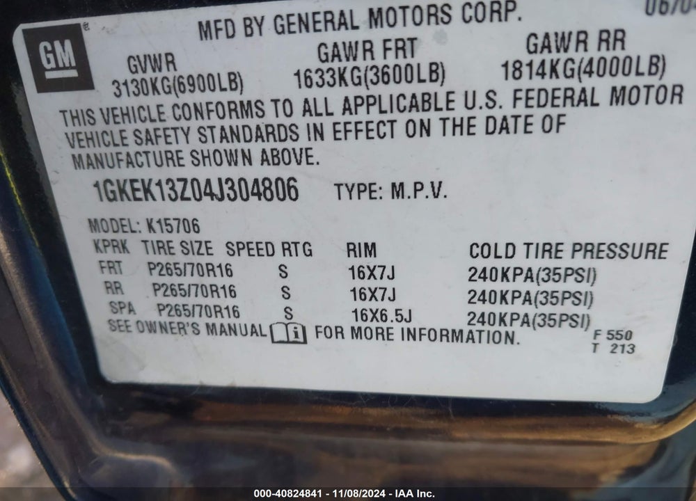2004 GMC YUKON SLE VIN: 1GKEK13Z04J304806