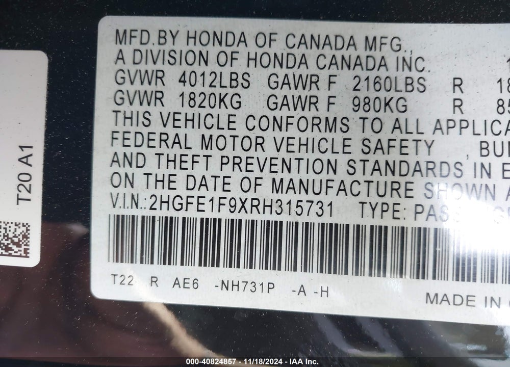 2024 HONDA CIVIC TOURING VIN: 2HGFE1F9XRH315731