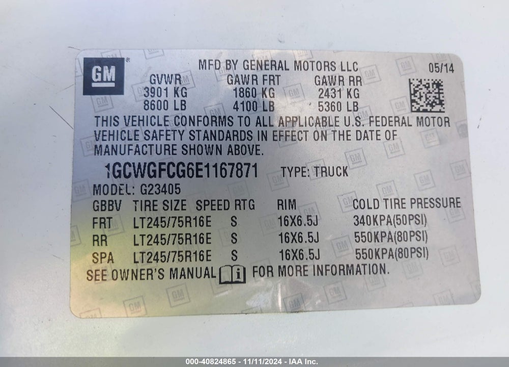 2014 CHEVROLET EXPRESS 2500 WORK VAN VIN: 1GCWGFCG6E1167871