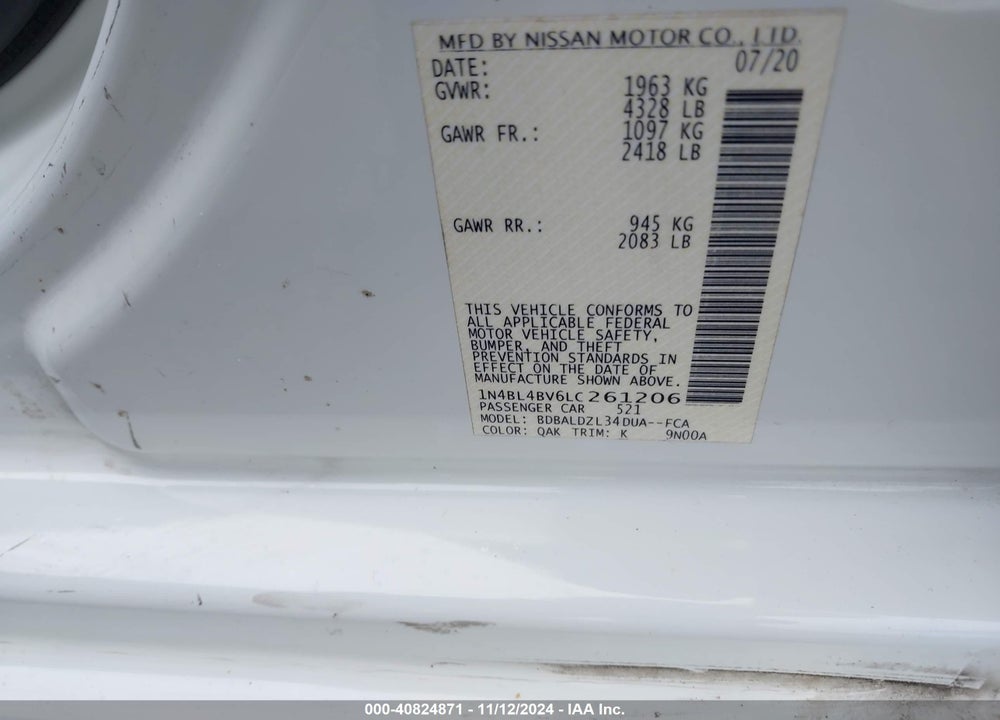 2020 NISSAN ALTIMA S FWD VIN: 1N4BL4BV6LC261206