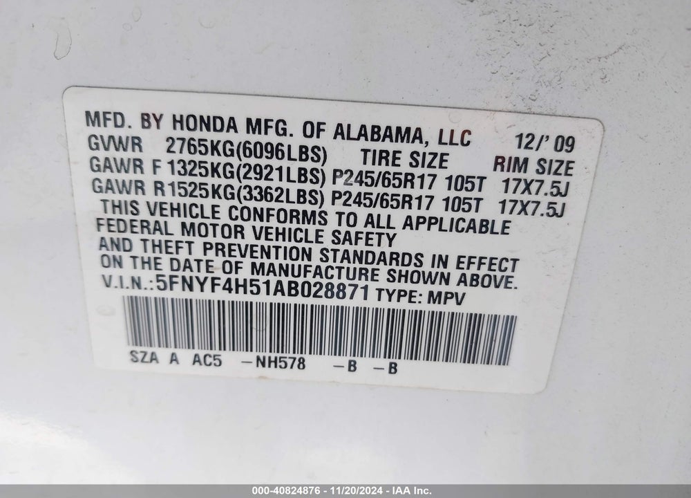 2010 HONDA PILOT EX-L VIN: 5FNYF4H51AB028871