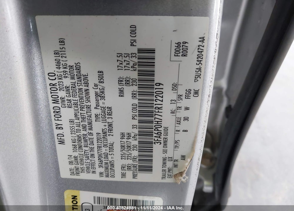 2015 FORD FUSION SE VIN: 3FA6P0H77FR122019