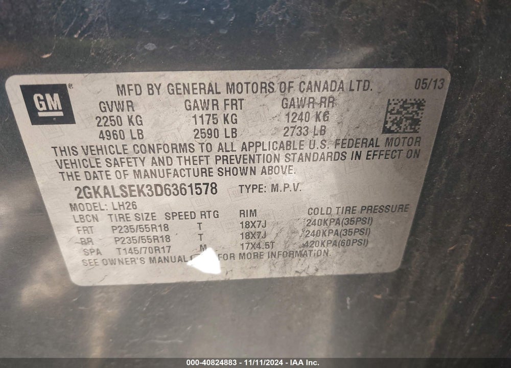 2013 GMC TERRAIN VIN: 2GKALSEK3D6361578