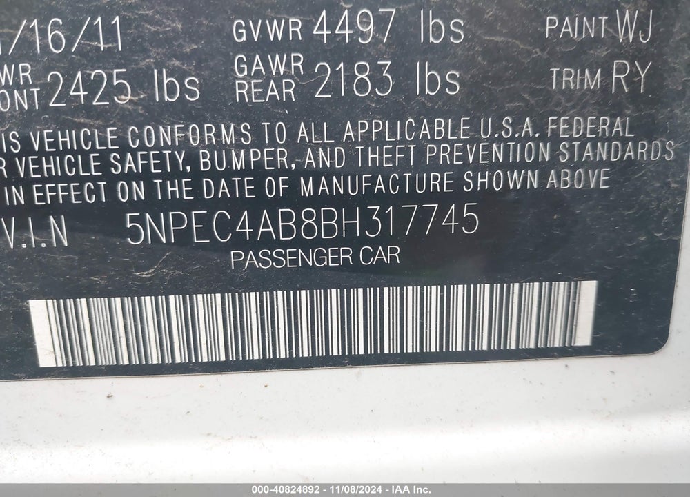 2011 HYUNDAI SONATA SE 2.0T VIN: 5NPEC4AB8BH317745