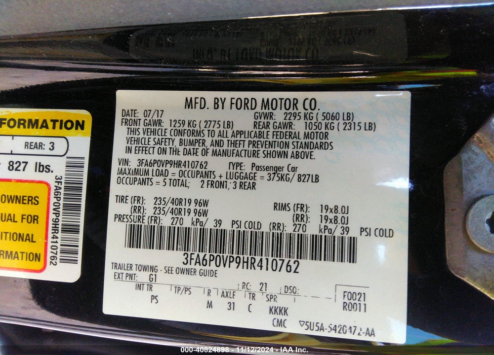 2017 FORD FUSION SPORT VIN: 3FA6P0VP9HR410762