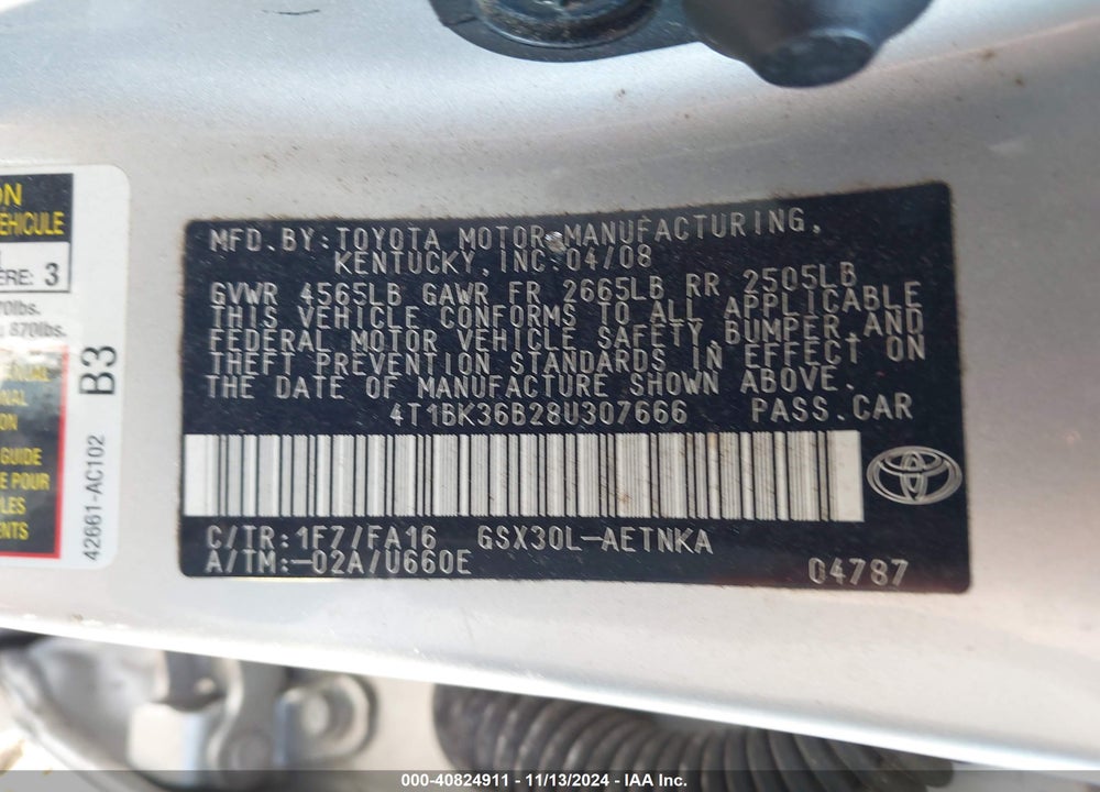 2008 TOYOTA AVALON VIN: 4T1BK36B28U307666