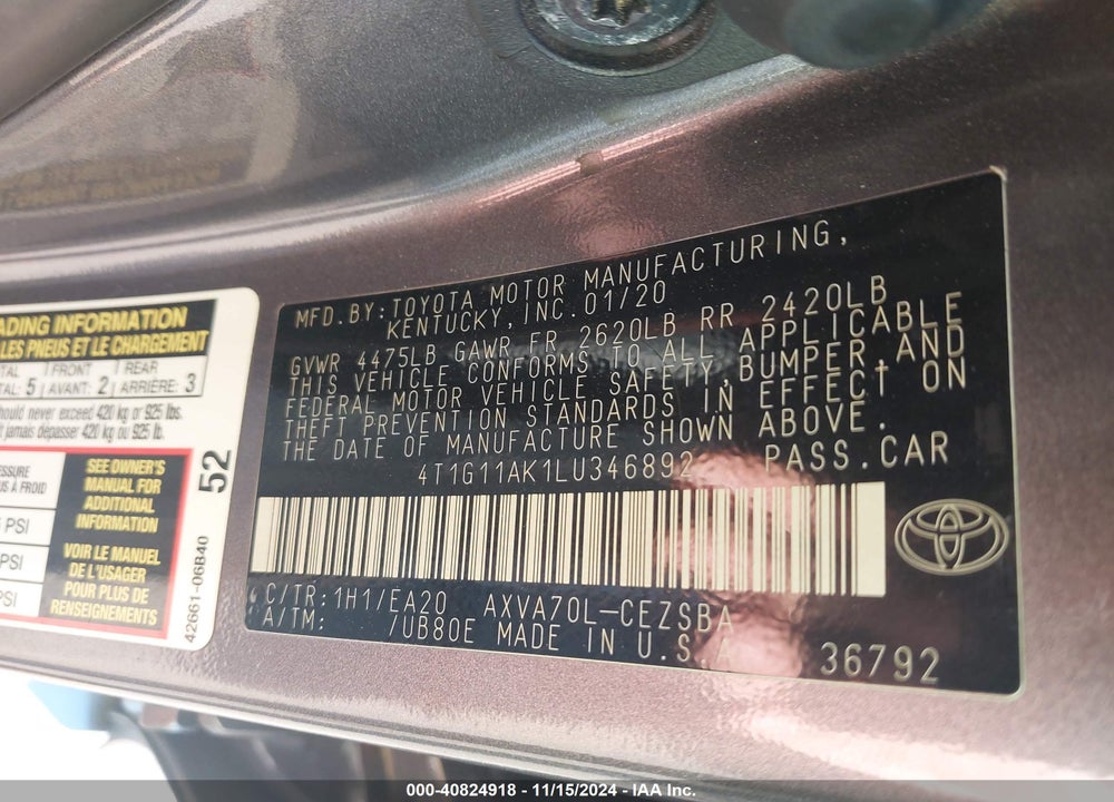 2020 TOYOTA CAMRY SE VIN: 4T1G11AK1LU346892