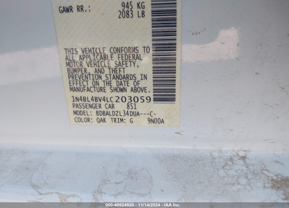 2020 NISSAN ALTIMA S FWD VIN: 1N4BL4BV4LC203059